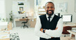 © peopleimages.com - Crossed arms, office and portrait of business black man with confidence, ambition and company pride. Startup agency, professional and happy person smile for architecture, design and creative career