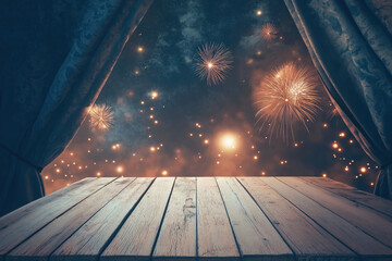 Celebration Background with Fireworks Outside a Wooden Window and Velvet Curtains at Night