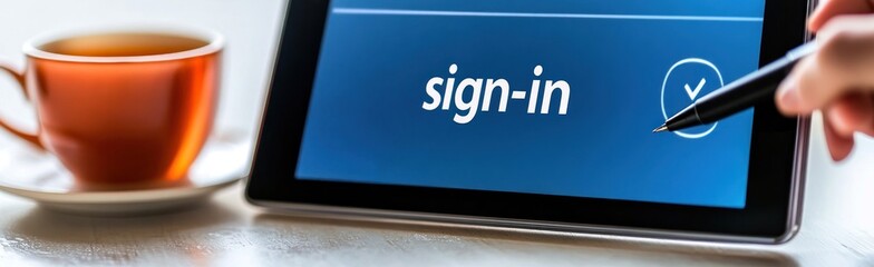 Poster - A tablet displaying a sign-in screen next to a cup of coffee.