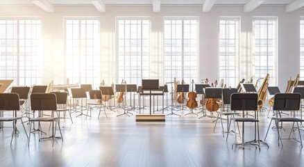 Poster - A spacious music hall with chairs and instruments, ready for an orchestra rehearsal.