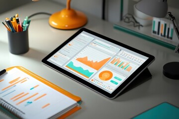 Poster - A tablet displaying data analytics with graphs and charts on a modern workspace.