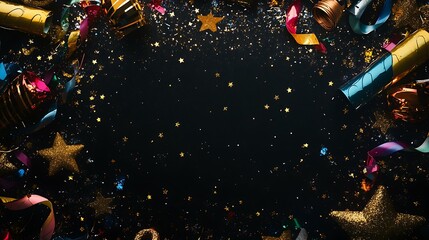 Wall Mural - Top view of a black background with glittering gold stars, colorful streamers, and festive noisemakers framing a corner