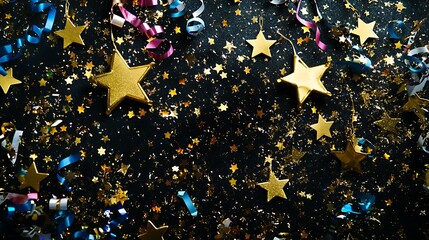 Wall Mural - Top view of gold glittering stars, celebratory streamers, and party noisemakers forming a festive corner on a black backdrop