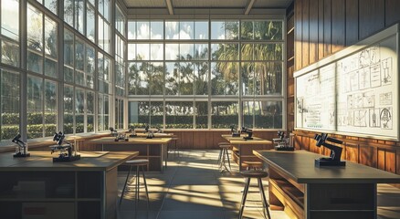 Aufkleber - A bright science classroom with microscopes and large windows, ideal for learning.