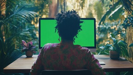 Poster - A person sits at a desk with a green screen computer, surrounded by plants and nature.