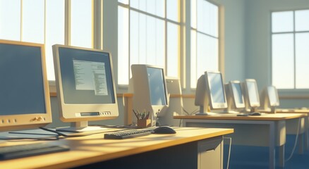 Aufkleber - A bright office space with computer desks and monitors, suggesting a work environment.