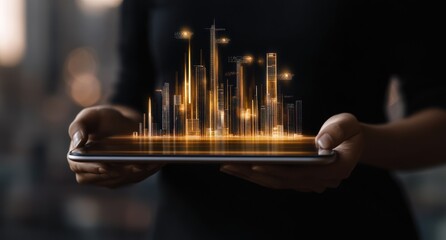 Poster - A person holds a tablet displaying a glowing city skyline, symbolizing technology and innovation.