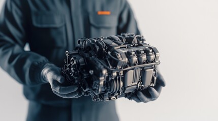 Aufkleber - A person holding a detailed mechanical engine component, showcasing industrial design.
