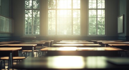 Aufkleber - A sunlit classroom with empty desks, evoking a sense of learning and reflection.
