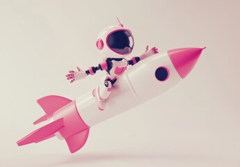 Poster - A playful astronaut figure riding a pink rocket, symbolizing adventure and exploration.