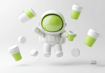 Fototapete - A playful astronaut figure surrounded by green and white cups, emphasizing a fun, creative theme.