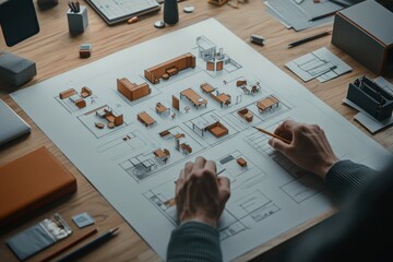Poster - A person designing a layout with miniature models and sketches on a workspace.