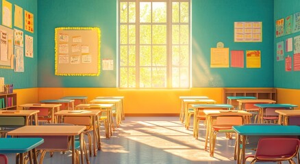 Aufkleber - A bright, inviting classroom filled with colorful desks and sunlight streaming through the windows.