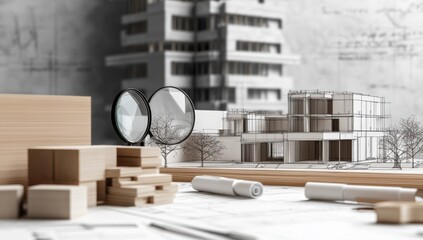 Poster - Architectural model and blueprints with tools for design and planning.