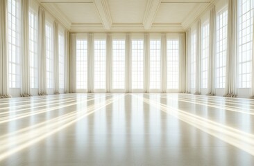 Poster - A spacious, well-lit interior with large windows casting shadows on the polished floor.