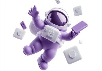 Poster - A purple astronaut floating with a phone among geometric shapes.