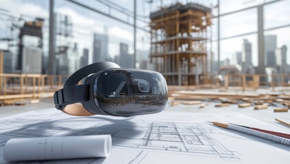 Poster - A virtual reality headset placed on architectural blueprints in a construction setting.