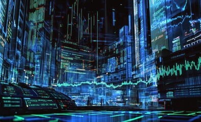 Aufkleber - Futuristic digital landscape with vibrant data visualizations and technological interfaces.
