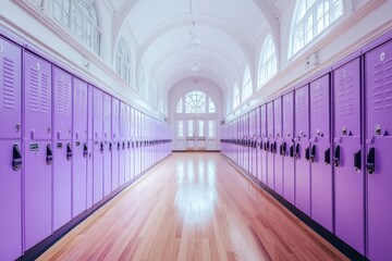 Poster - A hallway lined with purple lockers in a school setting, featuring a polished wooden floor.