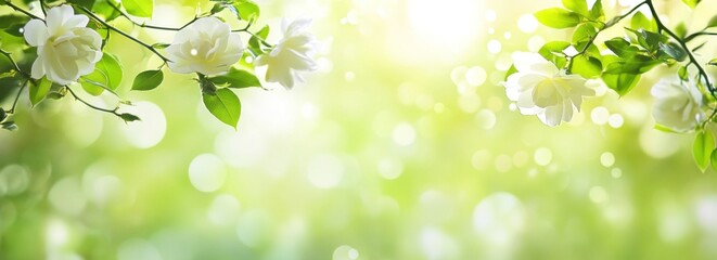 Poster - A serene background featuring blooming white roses and soft bokeh light.