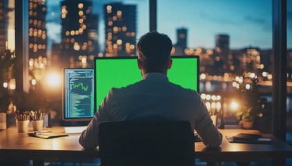 Aufkleber - A person working at a desk with dual monitors in a cityscape at dusk.
