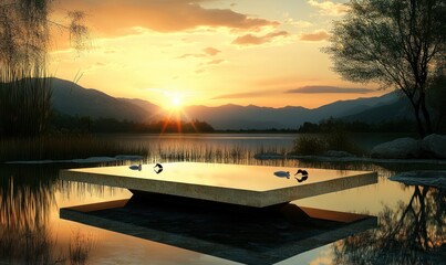 Wall Mural - a serene sunset over a calm lake, featuring a reflective platform and surrounding nature.