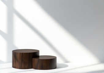 Aufkleber - Two wooden cylindrical pedestals create a minimalist display with soft shadows on a wall.