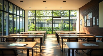 Aufkleber - A bright classroom with wooden desks and large windows overlooking greenery.