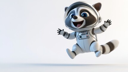Aufkleber - A cheerful raccoon character in a space suit, joyfully jumping against a white background.