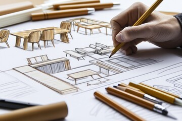 Poster - A hand sketches furniture designs on paper with colored pens, showcasing interior layout ideas.