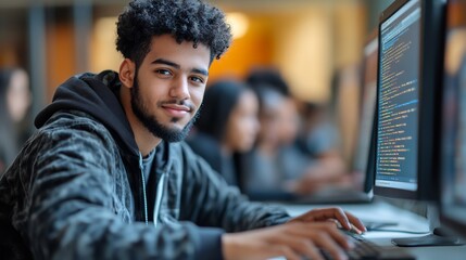 Smart Male Student Applying Knowledge to Coding and Software Development in Multiethnic College Setting