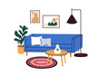 © Good Studio - Cozy living room interior design, couch and coffee table. Sofa with cushions, potted plant, pictures on wall. Comfortable furniture and decor. Flat vector illustration isolated on white background