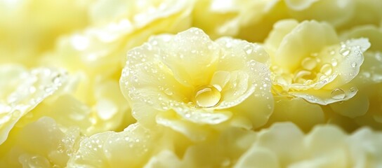 Fototapete - Close-up of delicate yellow flowers with droplets, showcasing nature's beauty.