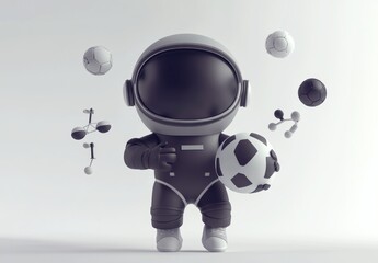 Aufkleber - A cute astronaut character holding a soccer ball, surrounded by various sports items.
