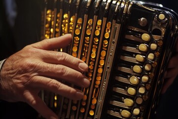 Poster - A close-up of a hand playing an accordion, highlighting its keys and buttons.