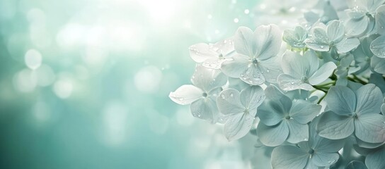 Fototapete - A close-up of delicate white flowers with water droplets, set against a soft, blurred background.