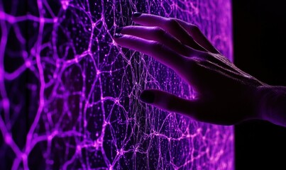 Wall Mural - a hand touches a glowing, intricate network of purple lines resembling neural connections.