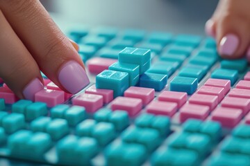 Aufkleber - A close-up of hands manipulating colorful blocks on a grid surface.