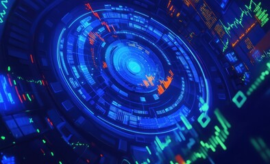 Poster - A futuristic digital interface displaying data and analytics in vibrant blue and orange hues.
