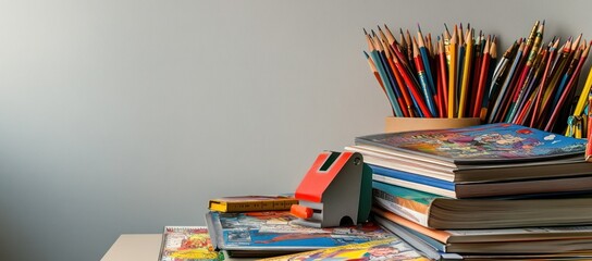 Poster - A colorful workspace featuring books, colored pencils, and a sharpener for creative activities.