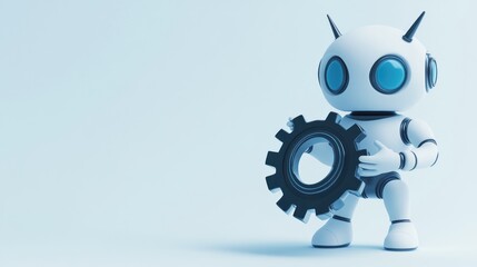 Aufkleber - A cute robot holding a gear against a soft blue background, symbolizing technology and innovation.