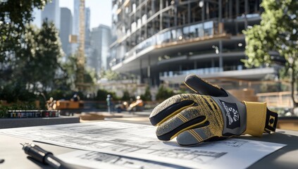 Poster - A construction site with a glove resting on blueprints amidst a modern urban environment.