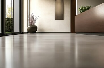 Poster - Modern interior space with polished floor and decorative plant.