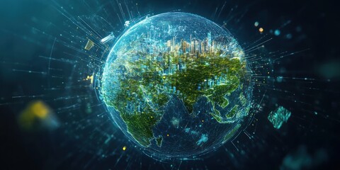 Aufkleber - A digital representation of Earth showcasing urban areas and technology connections.