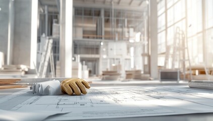 Poster - A construction site with blueprints and safety gloves, highlighting the planning phase.