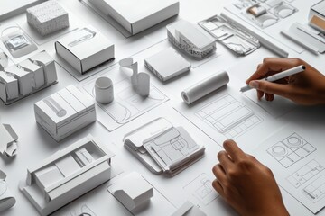 Poster - A workspace featuring architectural models and sketches for design development.