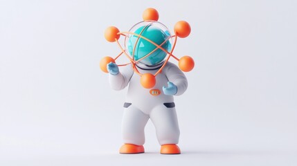 Poster - A cartoonish astronaut holding atomic model, representing science and exploration.