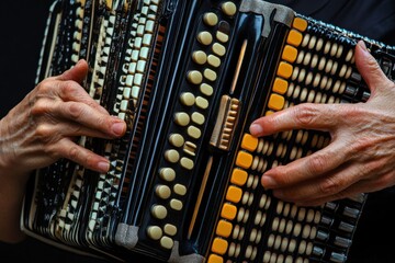 Poster - Close-up of hands playing an accordion, showcasing the instrument's intricate design and keys.