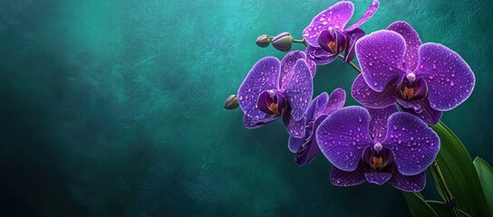 Fototapete - A vibrant display of purple orchids adorned with droplets against a teal background.
