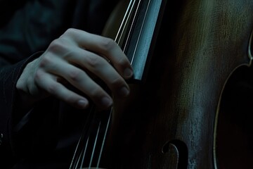 Aufkleber - A close-up of a hand playing a cello, highlighting the instrument's detail and artistry.